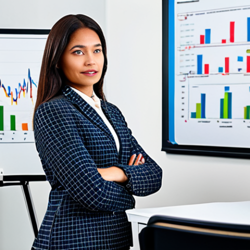 **

A determined professional in modest business attire, standing in front of a whiteboard filled with financial charts and graphs. The background shows a modern office setting with colleagues working diligently. Fully clothed, appropriate content, safe for work, perfect anatomy, natural proportions, professional, family-friendly.

**