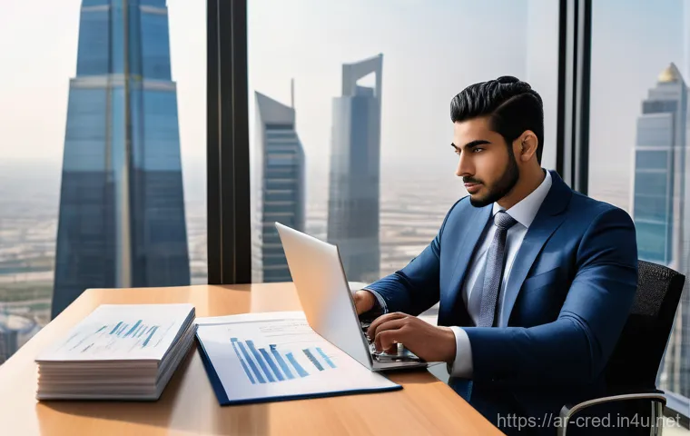 신용분석사 취업 성공 팁 - **Prompt:** "A focused young Arab male credit analyst, dressed in a sharp, modern business suit, sea...