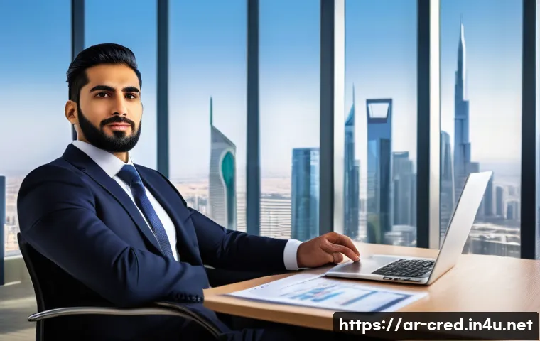 신용분석사 경력자 연봉 비교 - A professional Arab male credit analyst in his mid-30s, wearing formal business attire including a s...
