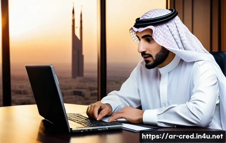 신용분석사와 신용보증 업무 - A professional Middle Eastern financial analyst sitting at a modern office desk in Riyadh, wearing f...