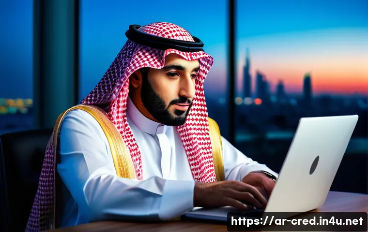 신용분석사 자격증 응시 비용 - A professional Arab man in traditional business attire sitting at a modern desk with a laptop and fi...