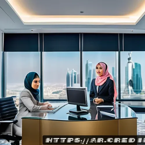 신용분석사로서 경영 분석 활용 - A modern Middle Eastern corporate office setting where diverse Arab business professionals analyze d...