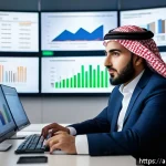 신용분석사와 신용 위험 평가 - A professional Middle Eastern financial analyst in traditional attire, sitting at a modern desk with...