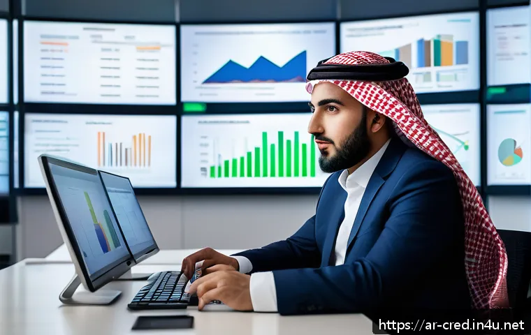 신용분석사와 신용 위험 평가 - A professional Middle Eastern financial analyst in traditional attire, sitting at a modern desk with...