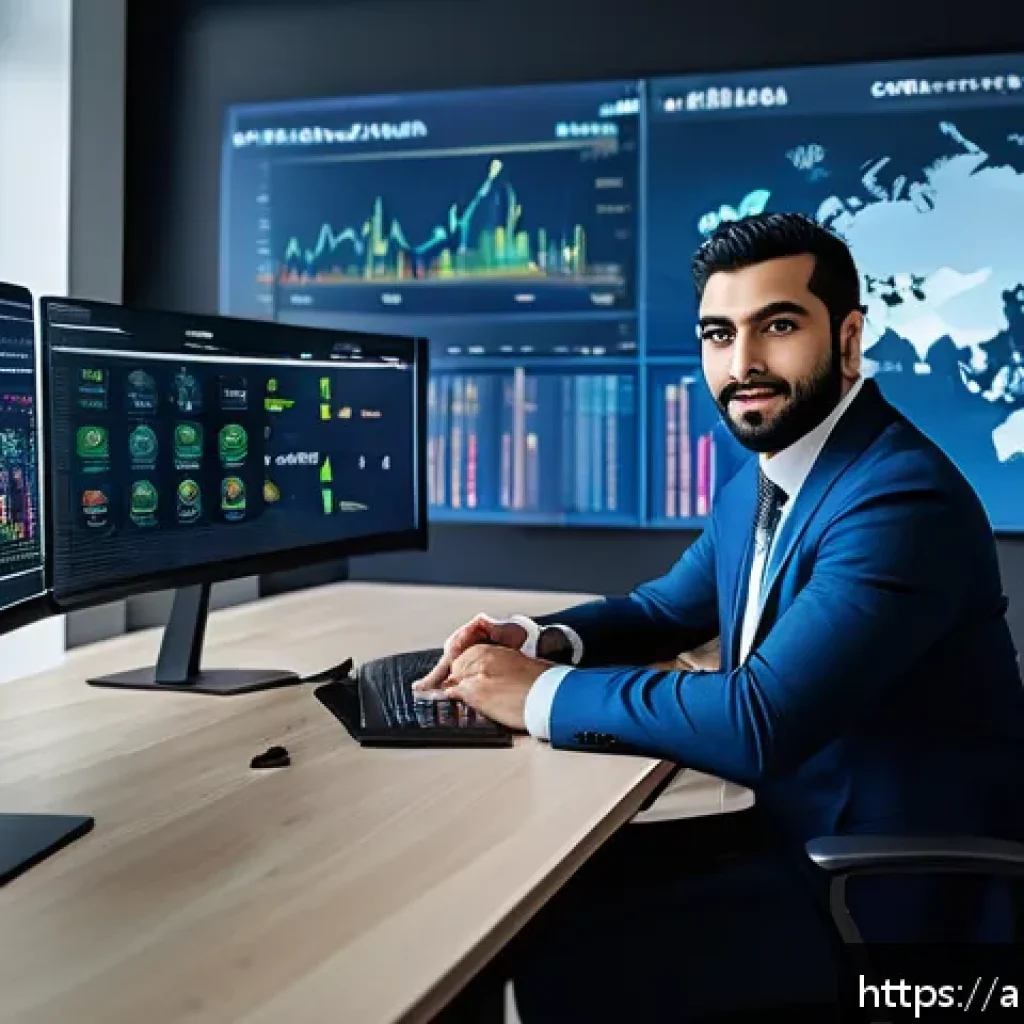 신용분석사 해외 연수 프로그램 - A professional Arabic male financial analyst in traditional business attire, working confidently at ...
