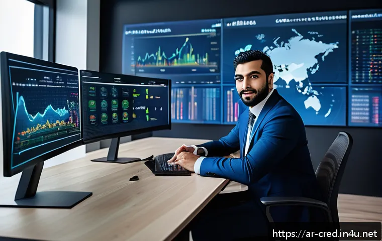 신용분석사 해외 연수 프로그램 - A professional Arabic male financial analyst in traditional business attire, working confidently at ...