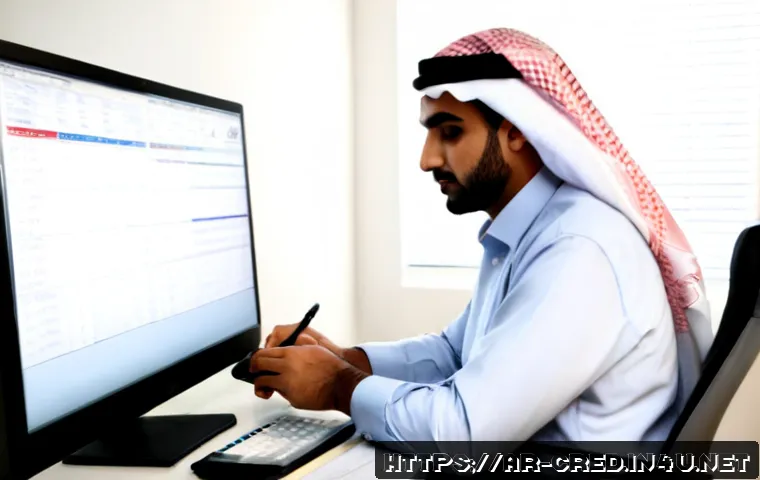 신용분석사 직무에서 실수 줄이기 - Photorealistic Arab credit analyst in modest professional business attire reviewing financial charts...